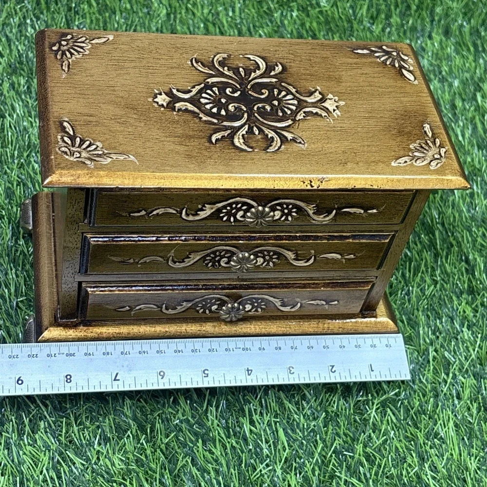 Vintage Florentine Music Jewelry Box Made in Japan Gold Gilt Wood 3 Drawer